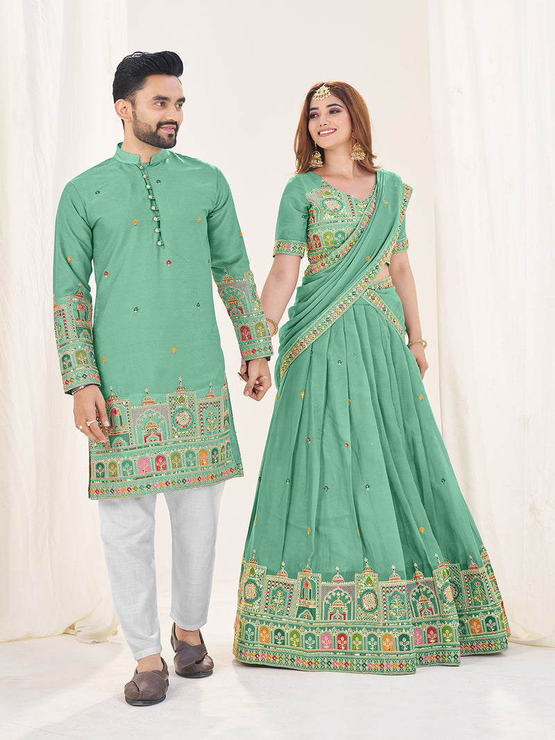 SEA GREEN EMBROIDERED LEHENGA CHOLI & MATCHING MEN'S KURTA SET COMBO