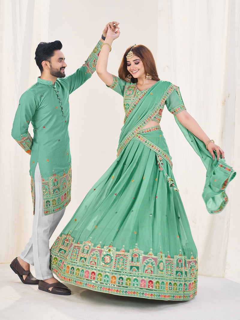 SEA GREEN EMBROIDERED LEHENGA CHOLI & MATCHING MEN'S KURTA SET COMBO