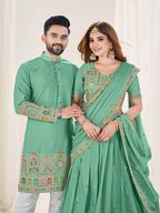 SEA GREEN EMBROIDERED LEHENGA CHOLI & MATCHING MEN'S KURTA SET COMBO