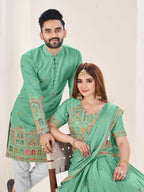 SEA GREEN EMBROIDERED LEHENGA CHOLI & MATCHING MEN'S KURTA SET COMBO