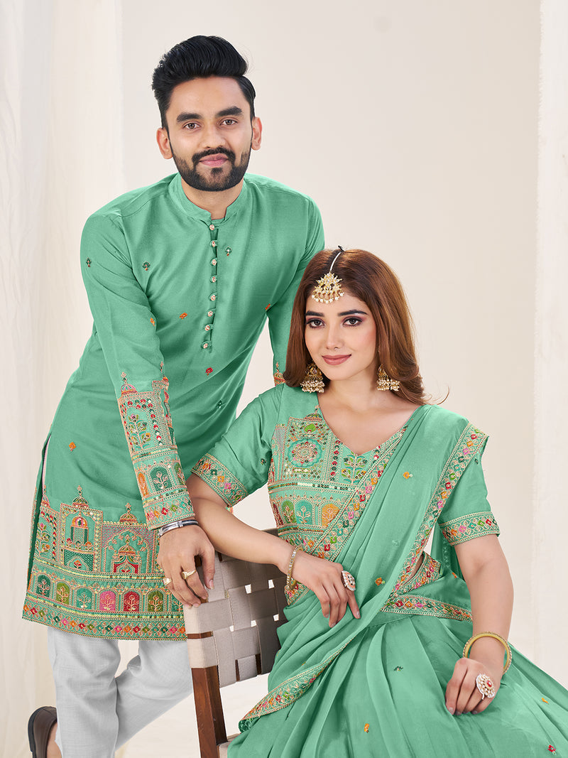 SEA GREEN EMBROIDERED LEHENGA CHOLI & MATCHING MEN'S KURTA SET COMBO
