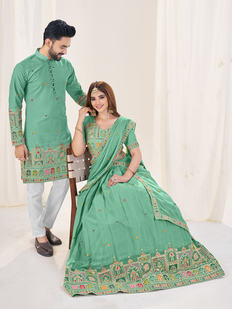 SEA GREEN EMBROIDERED LEHENGA CHOLI & MATCHING MEN'S KURTA SET COMBO