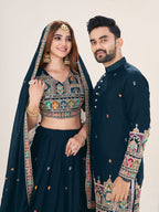 NAVY BLUE EMBROIDERED LEHENGA CHOLI & MATCHING MEN'S KURTA SET COMBO