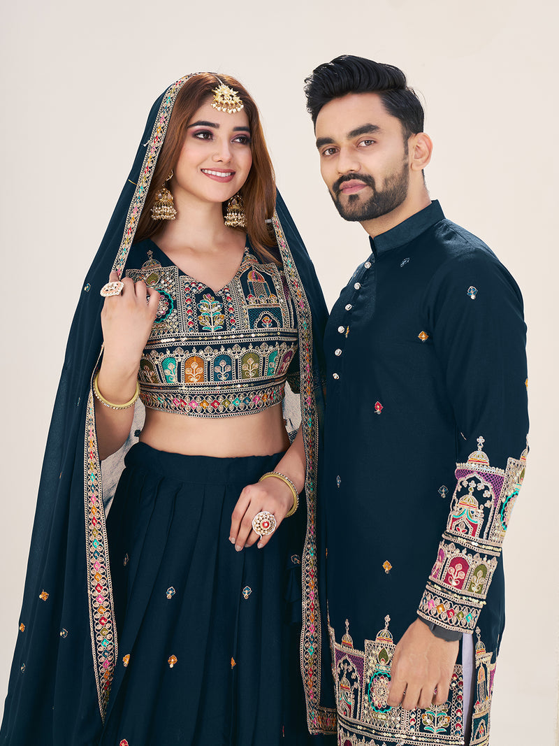 NAVY BLUE EMBROIDERED LEHENGA CHOLI & MATCHING MEN'S KURTA SET COMBO