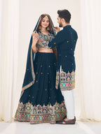 NAVY BLUE EMBROIDERED LEHENGA CHOLI & MATCHING MEN'S KURTA SET COMBO