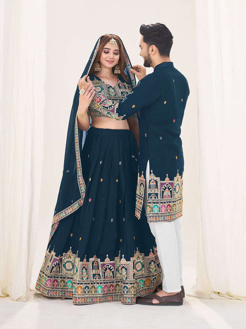 NAVY BLUE EMBROIDERED LEHENGA CHOLI & MATCHING MEN'S KURTA SET COMBO