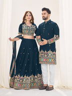 NAVY BLUE EMBROIDERED LEHENGA CHOLI & MATCHING MEN'S KURTA SET COMBO