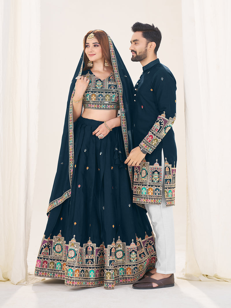 NAVY BLUE EMBROIDERED LEHENGA CHOLI & MATCHING MEN'S KURTA SET COMBO
