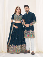 NAVY BLUE EMBROIDERED LEHENGA CHOLI & MATCHING MEN'S KURTA SET COMBO