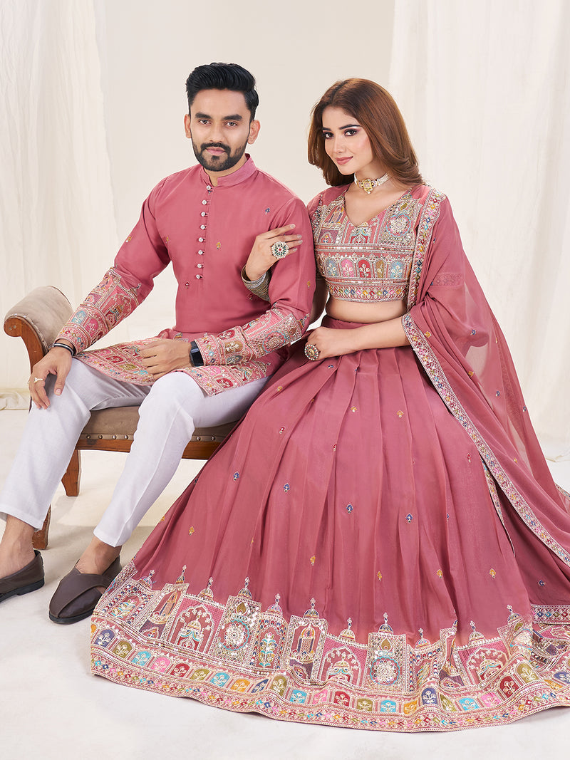 PINK EMBROIDERED LEHENGA CHOLI & MATCHING MEN'S KURTA SET COMBO