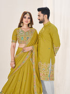 LIME GREEN EMBROIDERED LEHENGA CHOLI & MATCHING MEN'S KURTA SET COMBO
