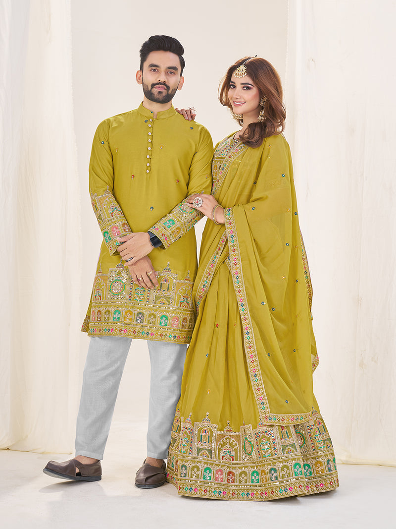 LIME GREEN EMBROIDERED LEHENGA CHOLI & MATCHING MEN'S KURTA SET COMBO