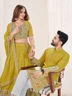 LIME GREEN EMBROIDERED LEHENGA CHOLI & MATCHING MEN'S KURTA SET COMBO