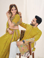 LIME GREEN EMBROIDERED LEHENGA CHOLI & MATCHING MEN'S KURTA SET COMBO