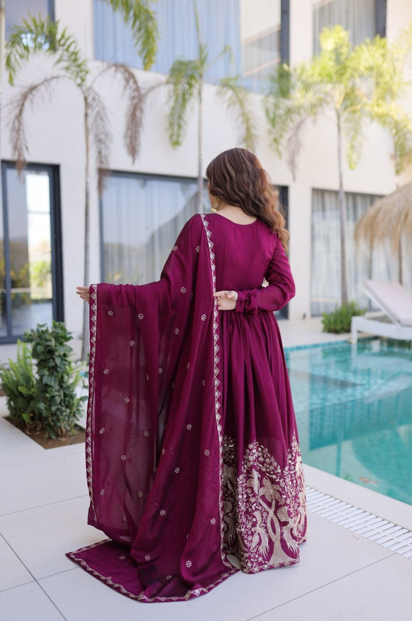MULBERRY WINE RANGOLI SILK GOWN SET