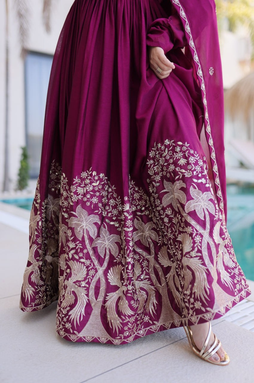 MULBERRY WINE RANGOLI SILK GOWN SET