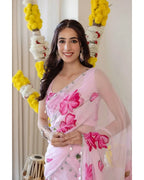 LIGHT PINK FLORAL PRINT GEORGETTE RUFFLE SAREE WITH STITCHED BLOUSE