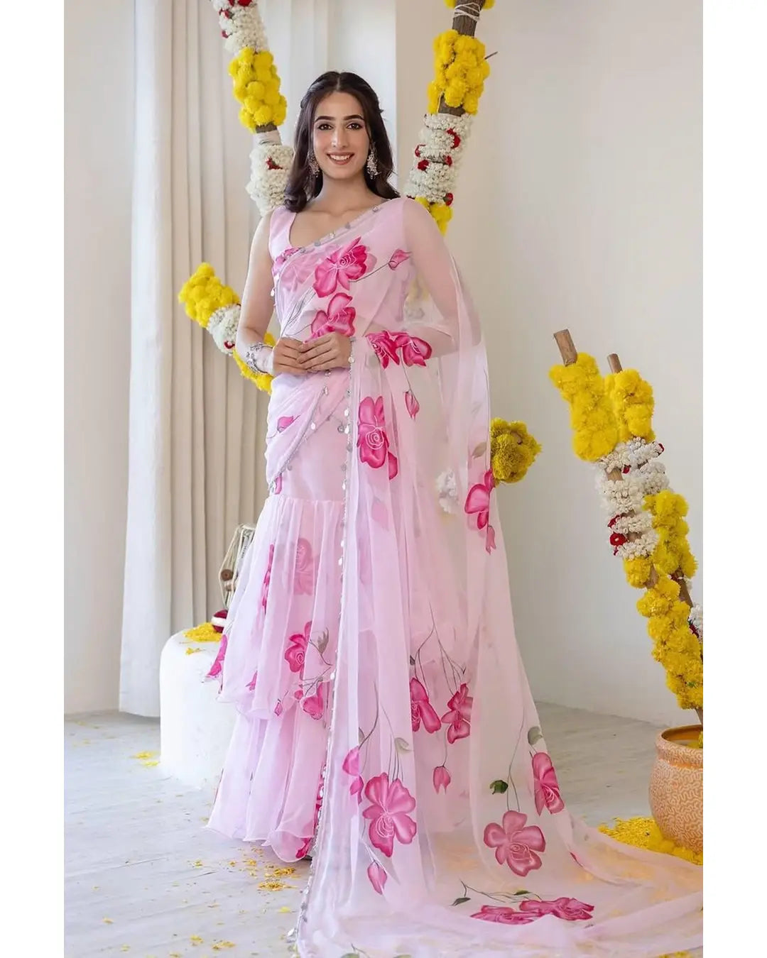 LIGHT PINK FLORAL PRINT GEORGETTE RUFFLE SAREE WITH STITCHED BLOUSE