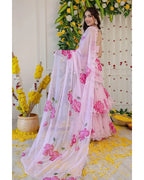 LIGHT PINK FLORAL PRINT GEORGETTE RUFFLE SAREE WITH STITCHED BLOUSE