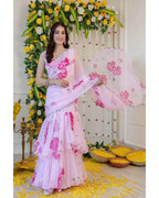 LIGHT PINK FLORAL PRINT GEORGETTE RUFFLE SAREE WITH STITCHED BLOUSE