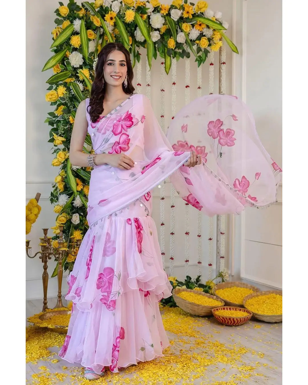LIGHT PINK FLORAL PRINT GEORGETTE RUFFLE SAREE WITH STITCHED BLOUSE