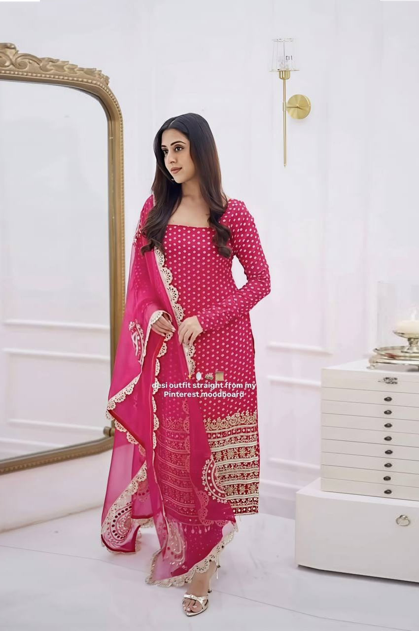 RANI PINK FAUX GEORGETTE DIGITAL PRINT KURTI PANT SET