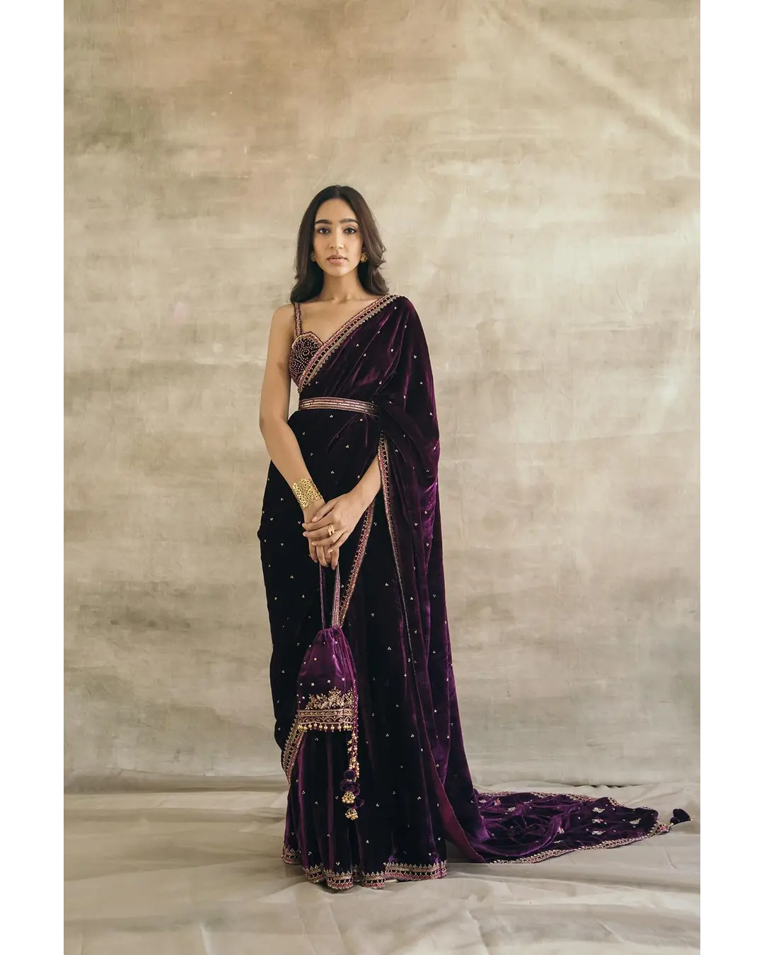 PLUM SILK VELVET EMBROIDERED SAREE WITH BLOUSE