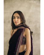 PLUM SILK VELVET EMBROIDERED SAREE WITH BLOUSE
