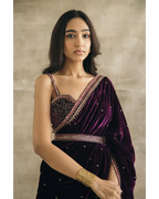 PLUM SILK VELVET EMBROIDERED SAREE WITH BLOUSE