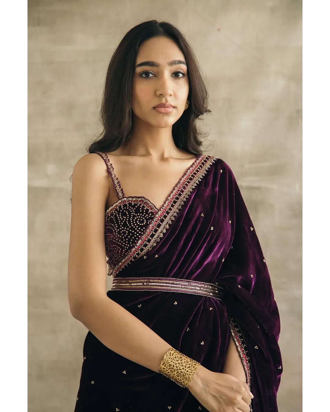 PLUM SILK VELVET EMBROIDERED SAREE WITH BLOUSE