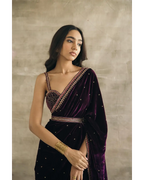PLUM SILK VELVET EMBROIDERED SAREE WITH BLOUSE