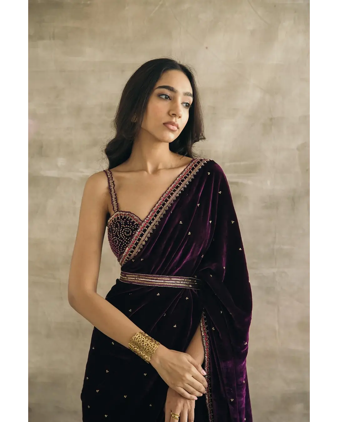 PLUM SILK VELVET EMBROIDERED SAREE WITH BLOUSE