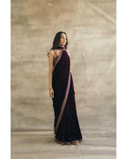 PLUM SILK VELVET EMBROIDERED SAREE WITH BLOUSE