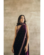 PLUM SILK VELVET EMBROIDERED SAREE WITH BLOUSE