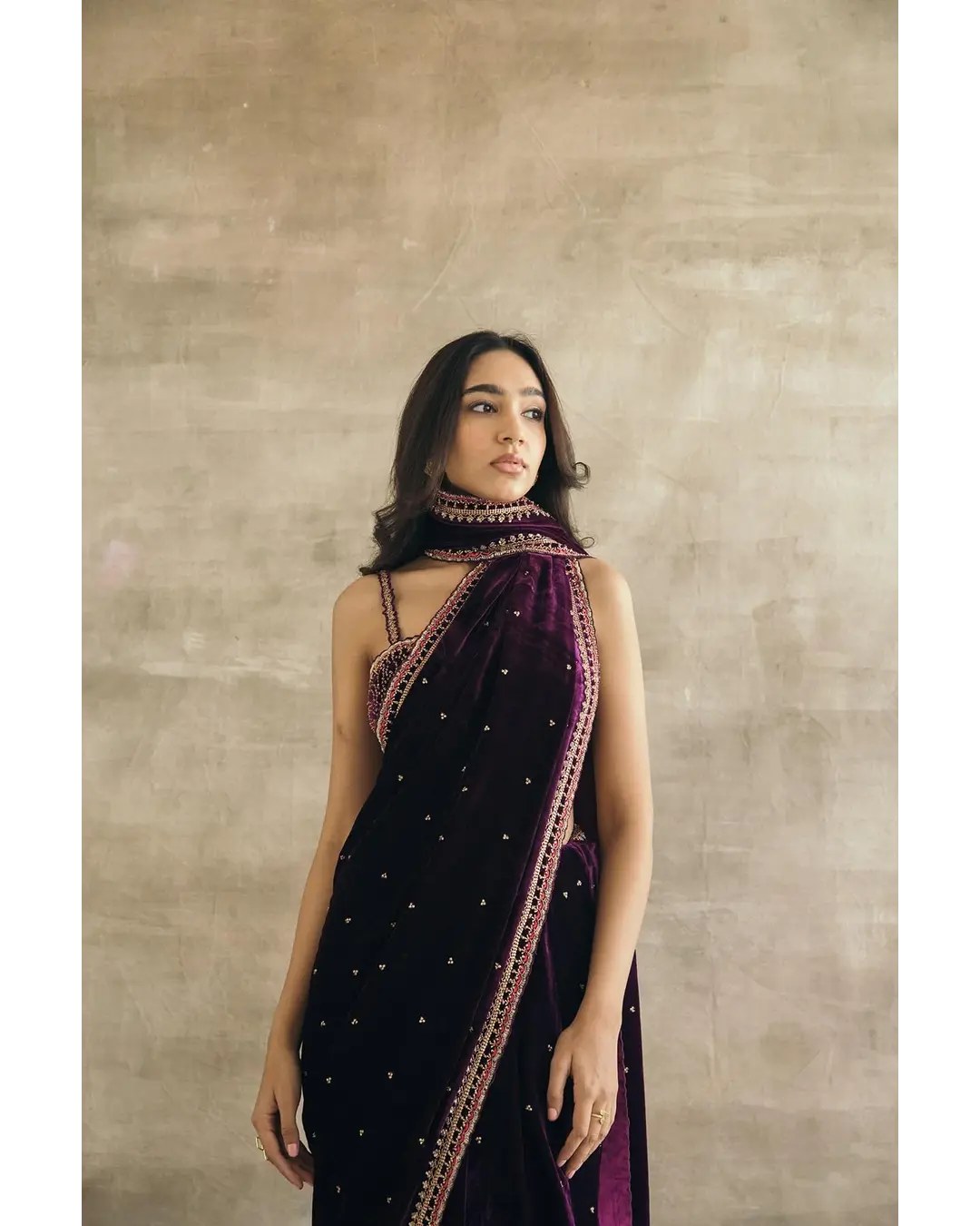 PLUM SILK VELVET EMBROIDERED SAREE WITH BLOUSE