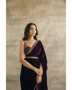 PLUM SILK VELVET EMBROIDERED SAREE WITH BLOUSE