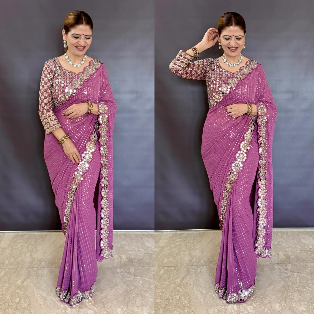 BOLLYWOOD BLOCKBUSTER ORIGINAL MIRROR WORK DESIGNER SAREE WITH BLOUSE