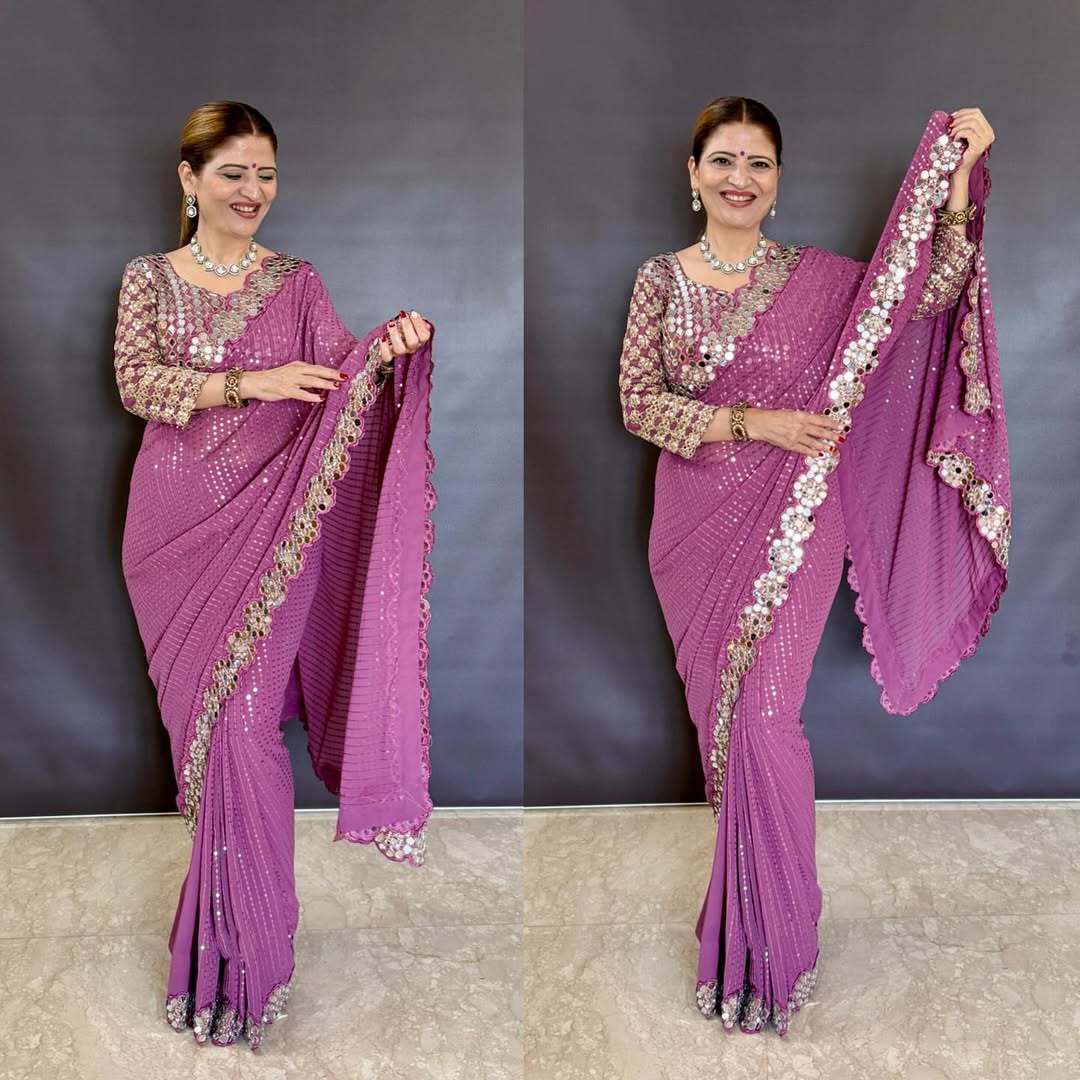 BOLLYWOOD BLOCKBUSTER ORIGINAL MIRROR WORK DESIGNER SAREE WITH BLOUSE
