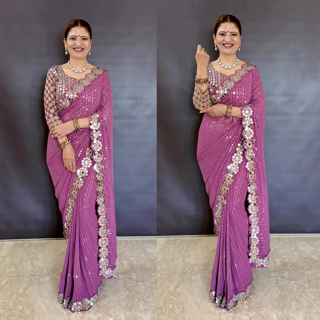 BOLLYWOOD BLOCKBUSTER ORIGINAL MIRROR WORK DESIGNER SAREE WITH BLOUSE