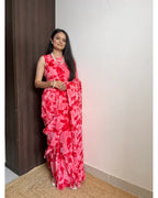 BEAUTIFUL RED DESIGNER GEORGETTE BASE PRE DRAPPED GOWN SAREE