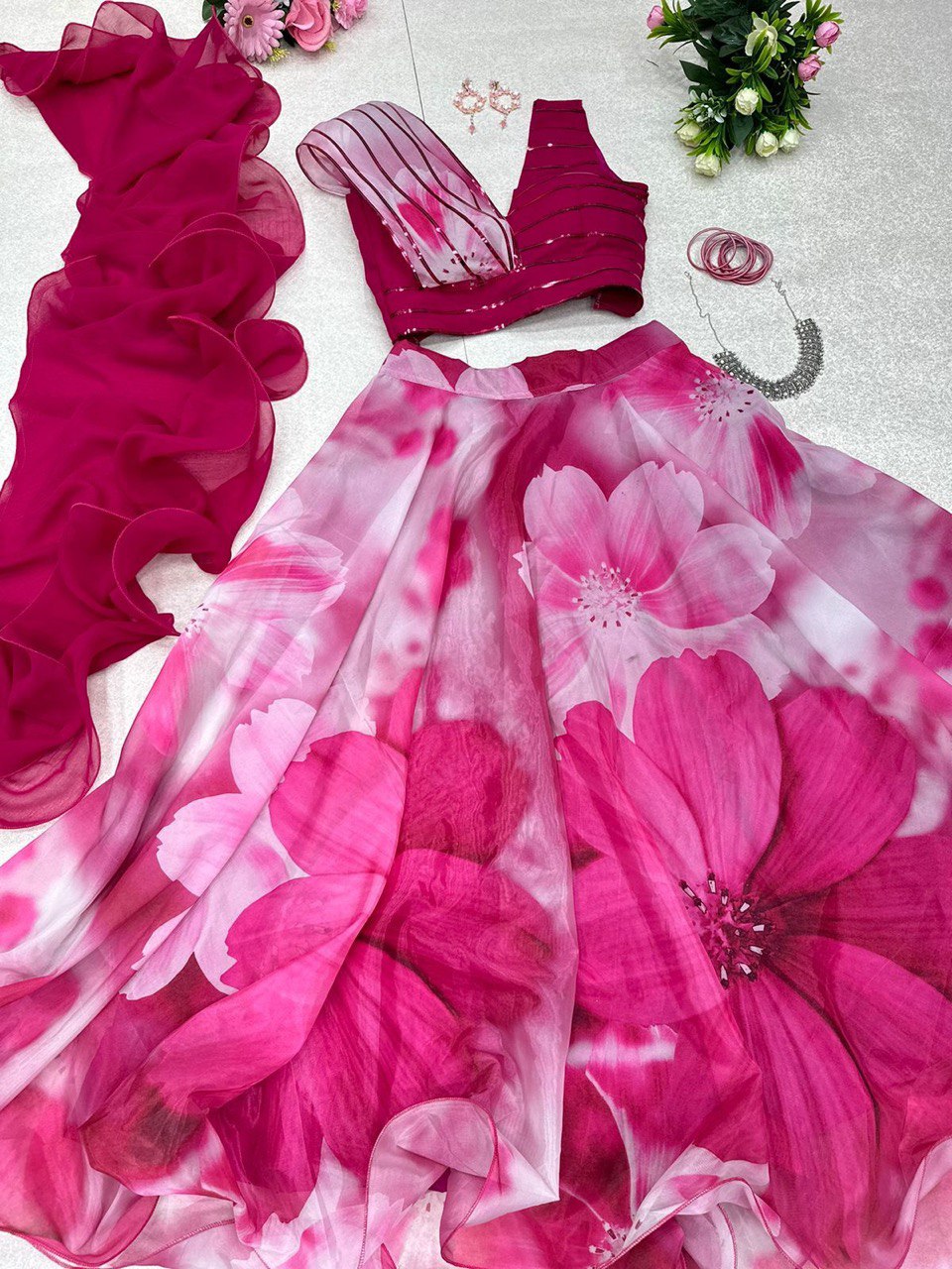 Fabulous Beautiful Flower Printed Organza Silk Lehenga Choli