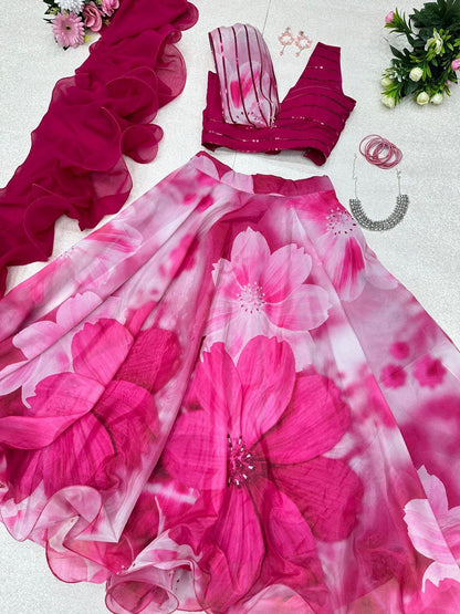 Fabulous Beautiful Flower Printed Organza Silk Lehenga Choli