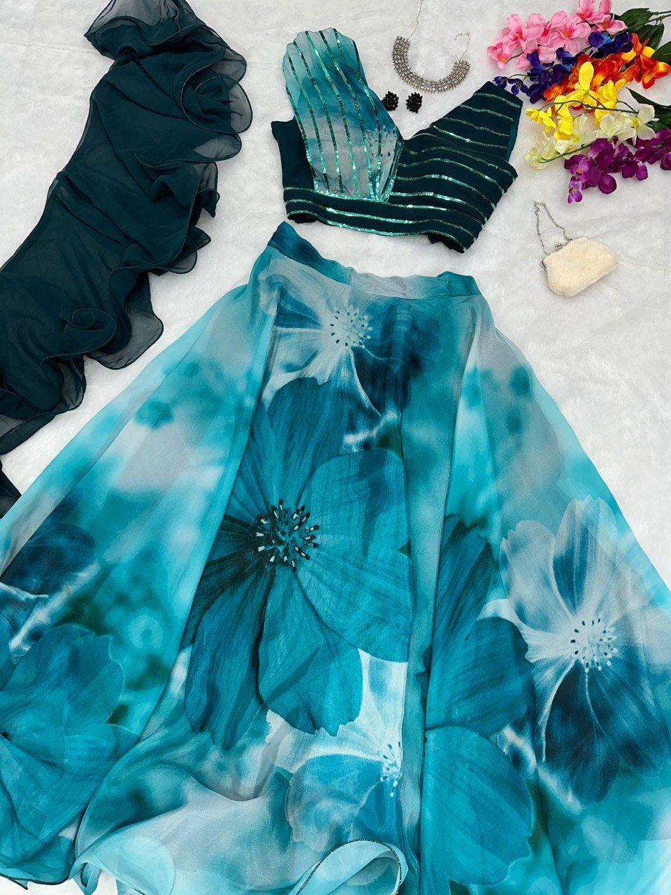 Fabulous Beautiful Flower Printed Organza Silk Lehenga Choli