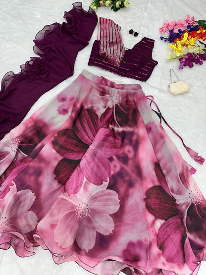Fabulous Beautiful Flower Printed Organza Silk Lehenga Choli