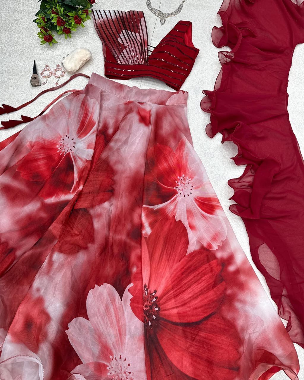 Fabulous Beautiful Flower Printed Organza Silk Lehenga Choli