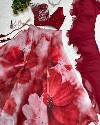 Fabulous Beautiful Flower Printed Organza Silk Lehenga Choli