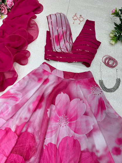 Fabulous Beautiful Flower Printed Organza Silk Lehenga Choli