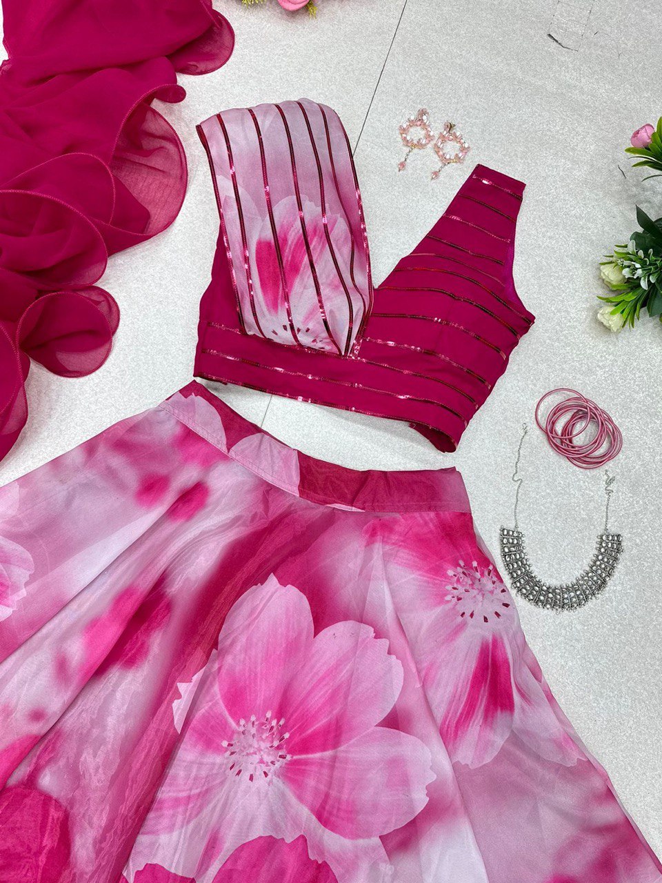 Fabulous Beautiful Flower Printed Organza Silk Lehenga Choli
