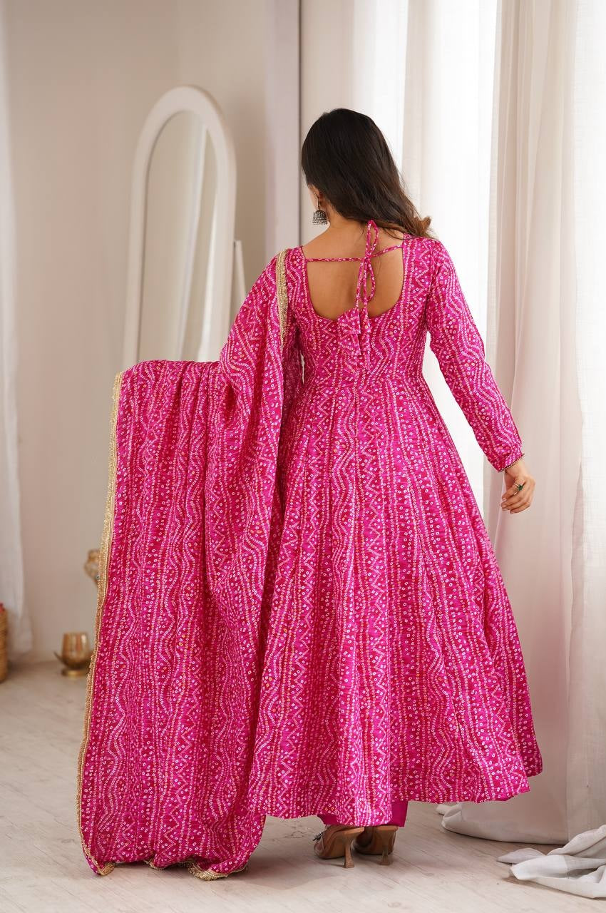 PINK RAYON MIRROR EMBROIDERY ETHNIC ANARKALI GOWN SET