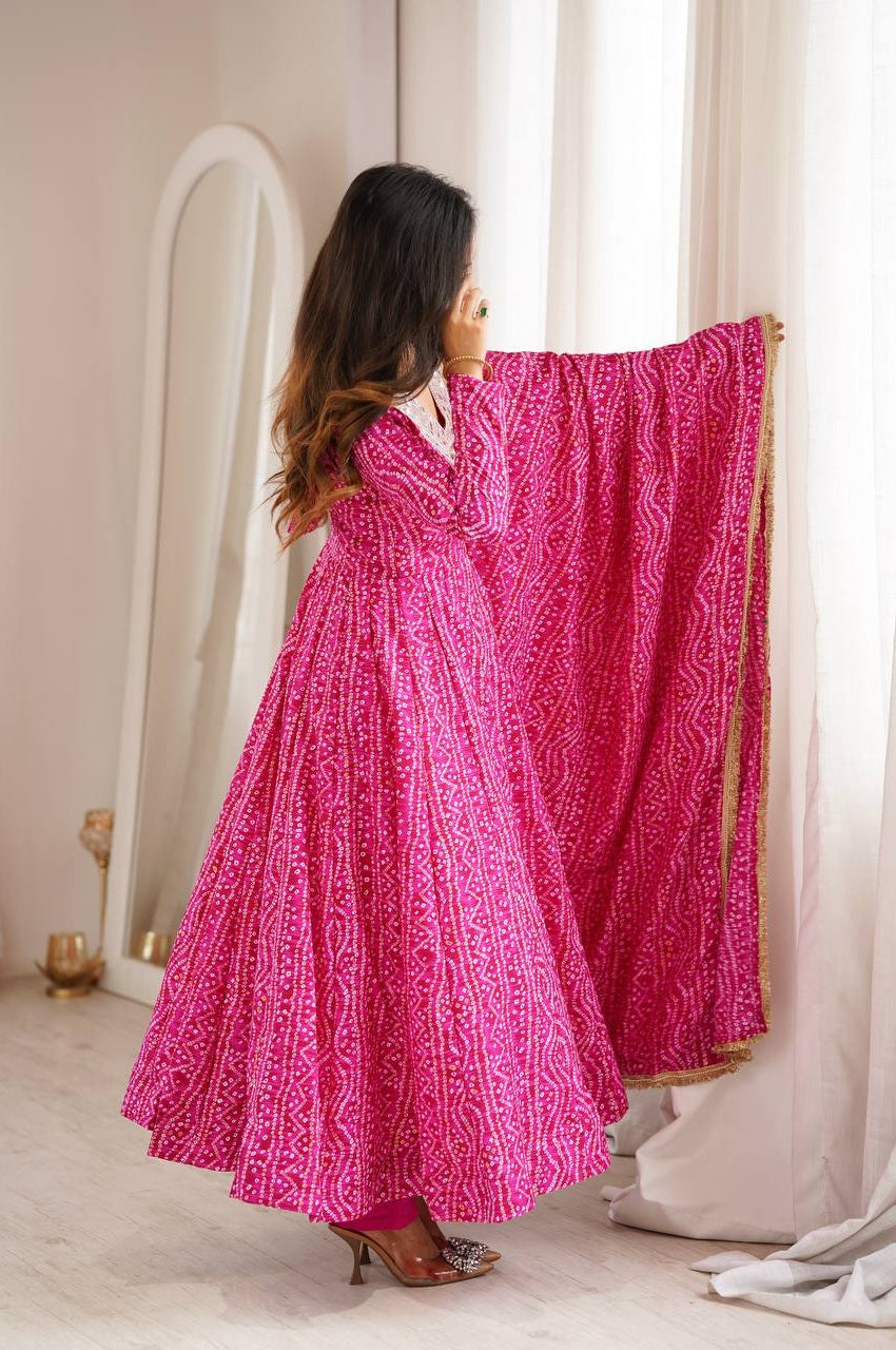 PINK RAYON MIRROR EMBROIDERY ETHNIC ANARKALI GOWN SET